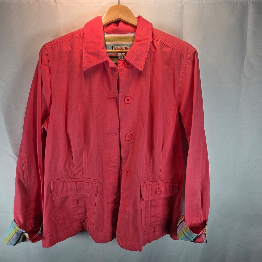 Vtg‎ Jamaica Bay Women's Casual Jacket LG Beachy Pink Button Front Striped Cuffs